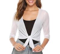 CGLHTATD Cropped Cardigan Chiffon Bolero Cardigans for Women Ladies 3/4 Sleeve Shrugs Shawl Open Front Lightweight Cropped Cover-Up Tops Evening Wedding Occasion Jacket White M