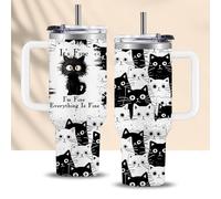 CGMIBAS Cat Gifts for Women Girls Funny Black Cat Cup Tumbler with Handle 40oz Everything Is Fine Cats Themed Insulated Travel Coffee Mugs Cool Gifts for Cats Lovers Mom Christmas Birthday Present