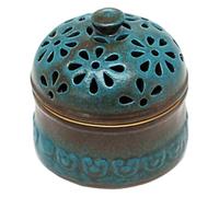 CGTQROVR Garlic Keeper, Peacock Blue Garlic Holder with Lid Hollow Flower Ceramic Storage Jar for Kitchen