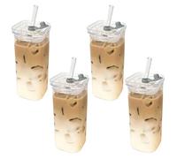 CGTQROVR Square Glass Cups with Lids and Straws 4Pcs 400ml Square Drinking Glass Temperature Resistant Water Bottles for Coffee Juice Beverage