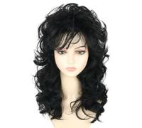 CGVG 70s 80s Women's Long Curly Wig Synthetic Heat Resistant Synthetic Hair for Carnival Halloween Theme Party (Black)