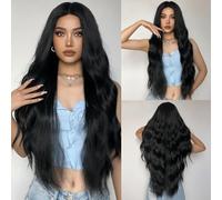 CGVG Black Long Curly Wavy Wig Charming Black Middle Parting Wig Women's Natural Synthetic Heat Resistant Wig for Party Daily Wear Fancy Dress (Black-2)