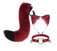 CGVG Cat Costume 3 Pieces Fox Wolf Costume Accessories Cat Ears Headband Cat Tail Neck Chocker Adult Cat Costume Women Halloween Animal Costume for Halloween Cosplay Party Carnival (Wine Red)