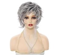 CGVG Grey Short Hair Wigs for Women Short Layered Pixie Cut Wig with Bangs Natural Synthetic Hair Wig for Daily Wear Fancy Dress Costume Party Halloween