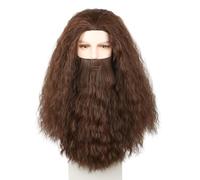 CGVG Men's Long Curly Brown Wig with Beard Wizard Wig Fake Beard Magician Prophet Sorcerer Savage Wig for Halloween Carnival Primitive Man Costume Viking Cosplay (Brown)