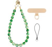 CH.yishi Gemstone Beaded Phone Charm Wrist Strap with Steel Cable Core Stringing, Detachable Phone Bracelet Strap with Metal Tether Tab (Green Plume Agate)