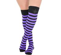 CHAAL® 2 Over The Knee Women's Striped Socks long Striped Socks Stripe Long Knee Length Sock's Girls Over The Knee leg Warmer Xmas Party Sox Black & Purple