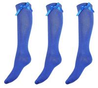 CHAAL® 3 Girls' Knee High Socks with Satin Bow Girls Long School Socks Cotton Sock's with Fluffy Ribbons Bow Back to School Socks Uniform Party Wear Sock Size 4-6 Royal KHB