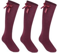 CHAAL® 3 Girls' Knee High Socks with Satin Bow Girls Long School Socks Cotton Sock's with Fluffy Ribbons Bow Back to School Socks Uniform Party Wear Sock Size 4-6 Maroon KHB