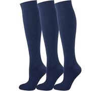 CHAAL® 3 Knee High Socks Ladies Plain Cotton Blend Knee High Socks Girls Knee High Plan socks Uniform Party Wear Long Socks Girls UK 6-9 Navy KH