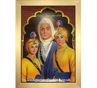 Chaar Sahibzaade Picture Frame with Mata Gujri Ji | 16 x 12 Inch Sikh Religious Wall Art Display | Rectangular Stand or Wall Mount Gold Frame | Made in UK