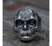 CHABER Unique Silver Color Heavy Sugar Skull Ring Mens Mandala Flower Santa Muerte Biker Jewelry