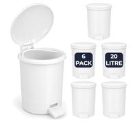Chabrias 20 Litre Pedal Bin Pack of 6 - White Plastic Kitchen Waste Bin with Removable Inner Buckets, Large Step-On Rubbish Bins for Office, School, Rental Properties, Commercial Use - 20 Litre 6 Pack