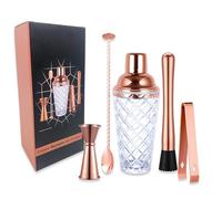 Chabrias 5-Piece Copper-Coated & Glass Cocktail Shaker Set, 450ml, Gift Box | 5-piece copper-coated cocktail set with 450ml glass shaker, mixing spoon, double jigger, muddler and tongs in a gift box.