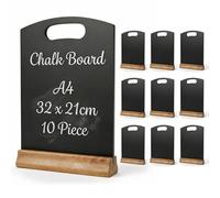 Chabrias Ltd 10 Pack A4 Chalkboard Table Sign + Wooden Stand - 31x22cm - Reusable Easy Wipe Chalkboard Sign, Menu Display, Wedding Table Numbers, Restaurants Reserved Signs, Cafés & Events (10 x A4)