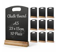 Chabrias Ltd 10 Pack A5 Chalkboard Table Sign + Wooden Stand - 25x15cm - Reusable Easy Wipe Chalkboard Sign, Menu Display, Wedding Table Numbers, Reserved Sign for Restaurants, Café & Events (10 x A5)