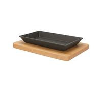 Chabrias Ltd 25cm Cast Iron Rectangular Sizzling Dish with Wooden Serving Base - Pre-Seasoned Pan for Steaks, Tapas & Fajitas