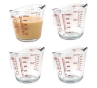 Chabrias Ltd 4 Pack 500 ml Glass Measuring Jug - Clear Tempered Glass with Red Graduations in ml, Cups & Pints - Dishwasher Safe & Freezer Safe Kitchen Measuring Cup (4)