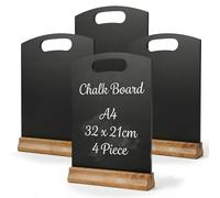 Chabrias Ltd 4 Pack A4 Chalkboard Table Sign + Wooden Stand - 31x22cm - Reusable Easy Wipe Chalkboard Sign, Menu Display, Wedding Table Numbers, Reserved Signs for Restaurants, Cafés & Events (4 x A4)