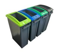 Chabrias Ltd 4 Set 60L Slim Recycling Bin Set with Open Lids + Logo - Colour Coded Waste Separation Recycling Station for Home, Office & Kitchen - Narrow Space-Saving Recycling Bins with Vent Channels