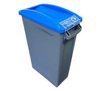Chabrias Ltd 87L Slim Recycling Bin with Swing Blue Lid + Paper and Card Logo - Commercial Narrow 87L Waste Container for Office, School, Kitchen & Workplace - Vented Liner System, Heavy Duty Plastic