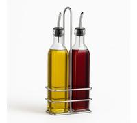 Chabrias Ltd Olive Oil Dispenser Bottle Set - 2-Pack 500ML/16 oz Cruets with Pourers & Metal Rack | Clear Glass Bottles for Oil, Vinegar, or Dressings - Ideal for Home & Restaurant Use