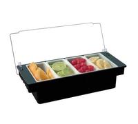 Chabrias Ltd Plastic Condiment Dispenser with Clear Lid - Multi-Compartment Countertop Holder for Garnishes, Pizza Toppings, and Cocktail Ingredients (4 Compartment)