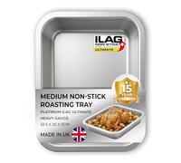 Chabrias Ltd UK-Made 13” Roasting Tray (33x25x5cm) - Silver Heavy Duty Carbon-Steel Oven Tray with ILAG Ultimate Non-Stick Coating - Deep Roaster for Chicken, Meat (Roasting Tray, Medium 14")