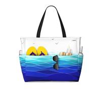 CHAbu Ocean Waves Sailboat With Birds Maritime Large Capacity Beach Bag Waterproof Tote Bag With Zip And Pockets Travel Holiday Gym Swimming