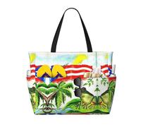 CHAbu Puerto Rico Flag Frog Palm Trees Large Capacity Beach Bag Waterproof Tote Bag With Zip And Pockets Travel Holiday Gym Swimming