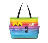 CHAbu Rainbow Colored Striped Large Capacity Beach Bag Waterproof Tote Bag With Zip And Pockets Travel Holiday Gym Swimming