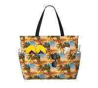 CHAbu Sunset Hawaiian Palm Tree Waves Large Capacity Beach Bag Waterproof Tote Bag With Zip And Pockets Travel Holiday Gym Swimming