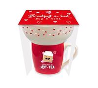CHACH Breakfast in Bed Valentine's Day Mug and Bowl Set, Red and White Ceramic, Heart Pattern Design, Dishwasher Safe, Hot-Tea Slogan Print