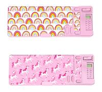 CHACH Pop Up Pencil Case with Calculator, Magnetic Compartments, Sharpener, School Supplies Organiser for Kids and Teens, Soccer and Gaming Design (Unicorns)