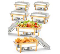 Chafing Dish Buffet Set, 8QT 6 Pack, Rectangle Chafing Dishes for Buffet w/Lid Holder, Stainless Steel Chafer Food Warmers Servers with Spoon and Tweezers for Kitchen Party Banquet Dining, Gold