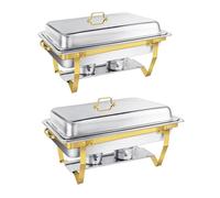 Chafing Dish Buffet Set 9L [Elegant Gold and Silver], 2 Pack Stainless Steel Warming Containers [Rolled Edge Design], Food Warmer for Catering Buffet and Party (Square Gold 1/2+1/1 GN Container)