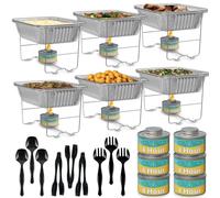 Chafing Dish Buffet Set, Half Size, Disposable Catering Supplies -6 Pack- Food Warmers for Parties: Foldable Wire Racks, Fuel, Aluminum Water Pans, Food Pans, Serving Utensils