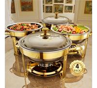 Chafing Dishes for Buffet, 4 Pack 5QT Round Stainless Steel Chafing Dish Set for Home Parties, Christmas Gatherings, Catering Events Complete Buffet Warmer Set (Golden 4)