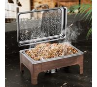 Chafing Dishes for Buffet, 9.5QT Square Stainless Steel Chafing Dish with Transparent Hydraulic Lid, 304 Food Pan, Buffet Warmer for Parties and Events (Wood Color)