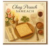 Chag Pesach Sameach Passover Card - Elegant Seder Table with Matzah, Candles and Wine - Jewish Holiday Greeting