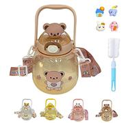 Chagoo Kawaii Water Bottle, Large Capacity Cute Water Bottle, Cute Little Bear Portable Water Bottle With Strap And Sticker (Brown Bear)