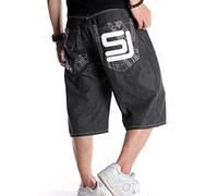 Chahuer Men's Hip Hop Denim Shorts Baggy Vintage Embroidery Graffiti Denim Shorts Rap Skateboard Jeans Shorts Color3 4XL