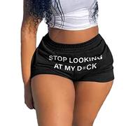 Chahuer Women's Funny Hot Pants Stop Looking at My D Print Street Trendy Shorts Black M