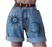 Chahuer Women's Sun Moon Print Denim Shorts Summer Street Fashoin Loose Jeans Shorts Blue 3XL