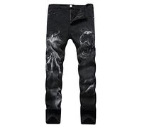 ChahuerOu Men's Skull Print Jeans Fashion Personalized 3D Pattern Print Slim Jeans Halloween Jeans L Black