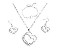 Chain Set for Women Silver Diamond Double Love Pendant Necklace Earrings Bracelet Sweet And Ladies Wedding Jewelry Set Women Dress Watch (Silver, One Size)