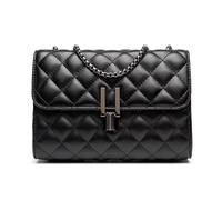 Chain-Strap Shoulder Bag with Multiple Interior Compartments | Multiple Interior Sections, Shoulder or Crossbody Carry, Black Flap Design with Metal Clasp, Organized Storage