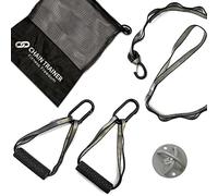 Chain Trainer Intermediate -Multi-functional Basic Fitness Freedom Workout Equipment: 2 Nylon Chain Straps, 2 Ergonomic Handles with Carabiners, 1 Door Anchor, 1 Ceiling Anchor, 1 Mesh Drawstring Travel Bag, Silver