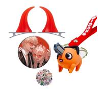Chainsaw Keychain Denji Makima Action Figure Key Ring Anime Badge Red Cosplay Horns Hair Clips Headwear with Stickers 13 Pcs