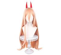 Chainsaw Man Power Anime Cosplay Light Orange Long Straight Wig With Fringe + 2 Horns and Free Cap